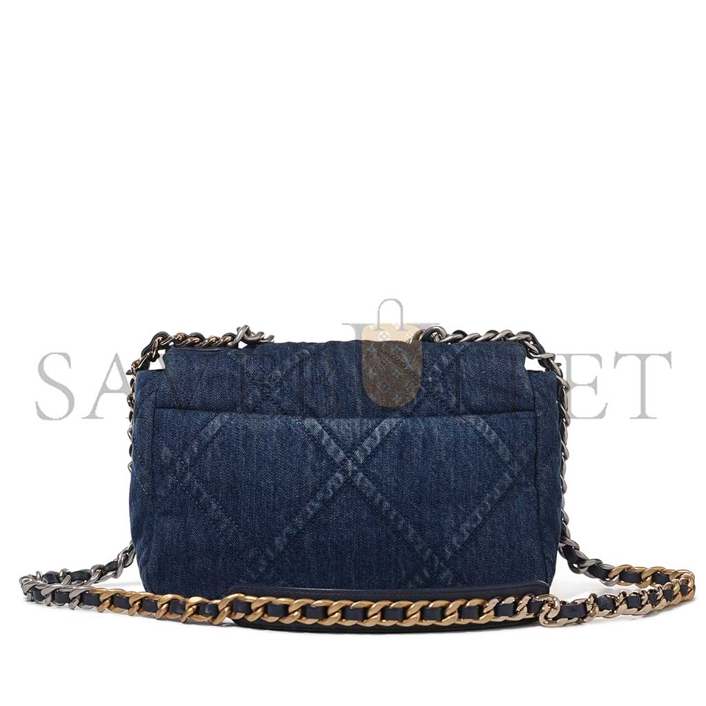 CHANEL BLUE QUILTED DENIM 19 FLAP BAG RUTHENIUM, BRUSHED GOLD AND PALE GOLD HARDWARE AS1160 (26*16*9cm)